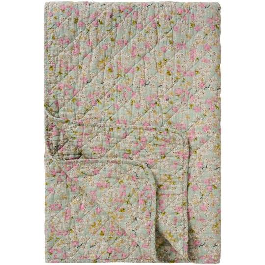 Quilt - Støvblå m. lyserøde, grønne og grå blomster